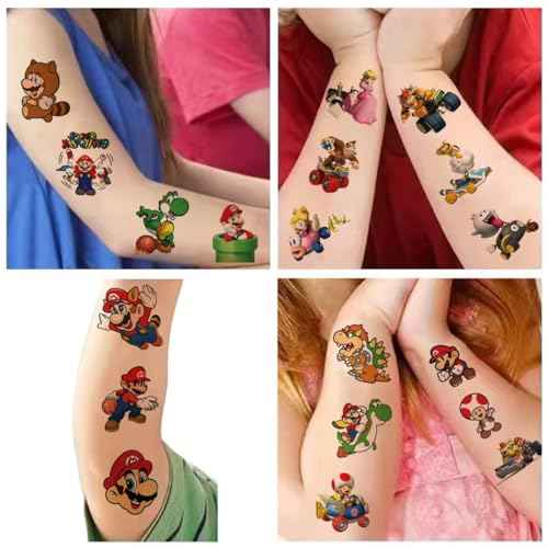 40Sheets Cartoon Mario Temporary Tattoos for Kids Birthday Party Favors Cute Mario Decoration Sticker Gifts for Girl Boys Home Activity Class Prizes Carnival Christmas Rewards