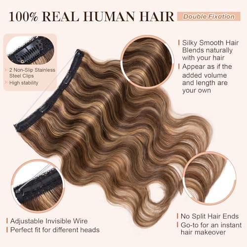Halo Hair Extensions Real Human Hair,S-noilite 100% Wavy Human Hair Halo Extensions for Women65g/16inch 4P27 Medium Brown Mixed Dark Blonde