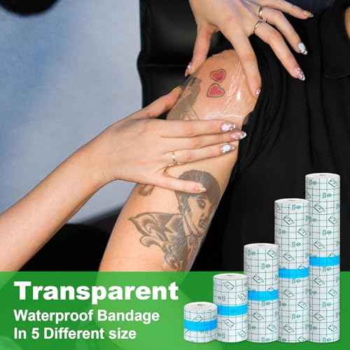 5 Rolls Tattoo Aftercare Bandage - Jconly Waterproof Tattoo Film Second Skin Tattoo Cover Up Patch Tape Healing Wrap Tattoo Supplies for Swimming, Shower, Wound Initial Healing(2,4,6,8,10 Inch)