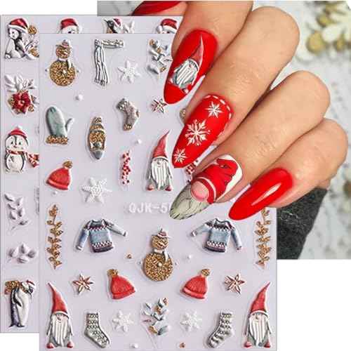 Christmas Nail Art Stickers Decals 5D Embossed Self-Adhesive Nail Art Decals Cute Santa Gnomes Nail Stickers Snowman Xmas Tree Bell Nail Decals for Women New Year Holiday Manicure Decoration 6 Sheets