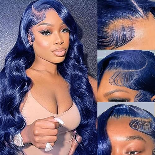 Blue Lace Front Wigs Human Hair Body Wave 13X4 HD Dark Blue Lace Front Wig Human Hair Wear and Go Glueless Navy Blue Wig Human Hair Pre plucked with Baby Hair Royal Blue Frontal Wigs For Black Women
