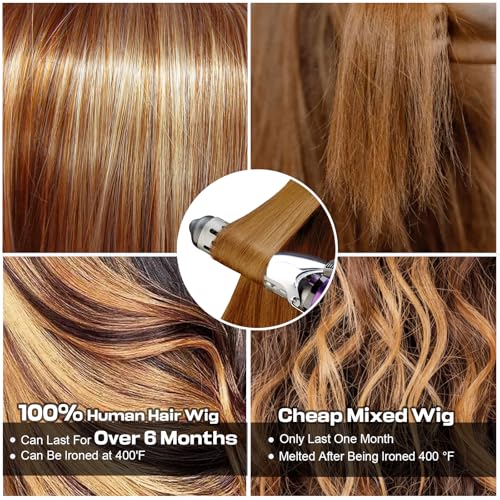 Highlight Wig Human Hair 28inch 200% Density 100 Natural Human Hair Wigs For Women 13x4 Full Frontal Transparent HD Lace Pre Plucked Ombre Straight Lace Front Wig Human Hair Brown Colored Glueless