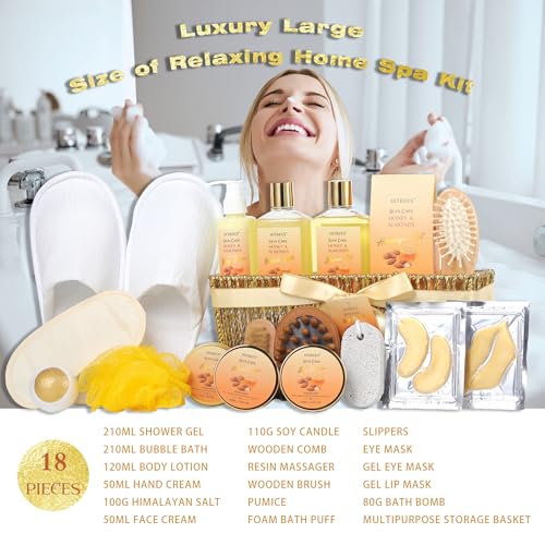 Bath Gift Basket Set, Spa Kit Gifts for Women Men, 18 Pc Almond Milk & Honey Large Spa Gift Basket Luxury Bath Set Relaxing Self Care Pampering Gifts for Birthday, Christmas, Mothers Day Gift Baskets