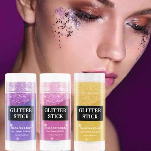 MEICOLY Purple Hair Glitter Stick,Halloween Mermaid Face Glitter Paint,Mardi Gras Outfit for Women Accessories,Waterproof Body Glitter Chunky Makeup,Body Glitter for Spirit Week Costume