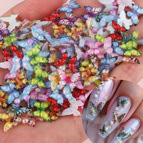 Butterfly Nail Charms Micro Resin Butterflies Nail Art Rhinestones 3D Mixed Colorful Summer Nail Jewelry Cute Butterfly Nail Jewelry Nail Art Supplies for Women DIY Nails Manicure Decor 100Pcs