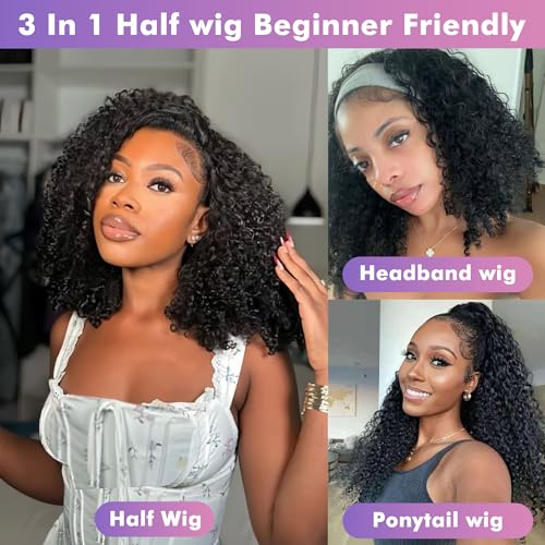 Kinky Curly Half Wig Human Hair 180% Density 3 In 1 Seamless Flip Over Half Wigs Human Hair Glueless Wear and Go Beginner Friendly 18 Inch Drawstring Headband Wig Human Hair for Women Natural Black