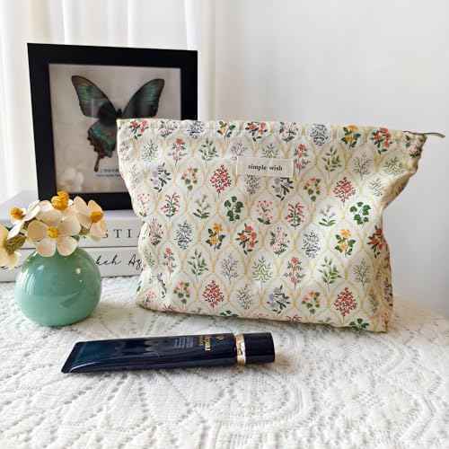 STARDW Aesthetic Floral Makeup Bag Cute Small Cosmetic Bags for Women Girls, Travel Toiletry Bag Large Capacity Zipper Makeup Pouch, Purse Organizer Pouches