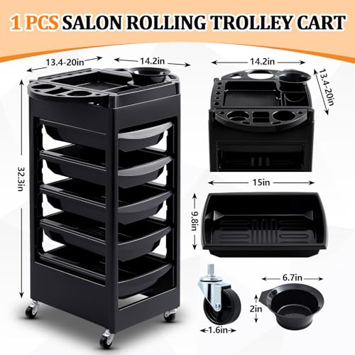 32 x 14 Inches Salon Rolling Trolley Cart with Wheels 5 Drawers Beauty Rolling Salon Cart Salons Stations for Hair Stylist Hair Storage Tool Carts Rollings Carts for Tattoo Hairdressing