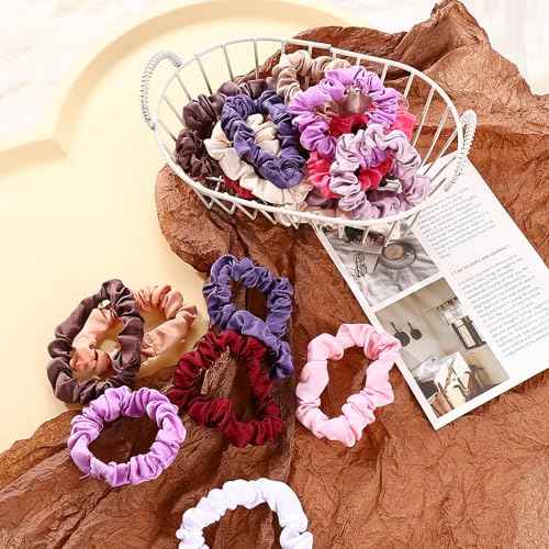 30 Pcs Small Scrunchies for Women Girls, No Damage Hair Accessories Ponytail Holders, Elastic Soft Rubber Bands for Thick Thin Hair (Pink & Purple Colors)