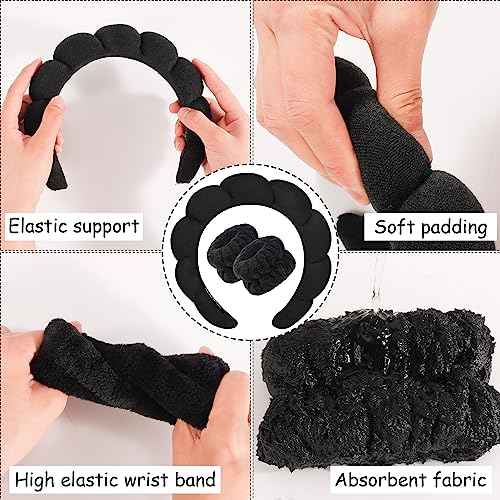 Zkptops Spa Headband for Washing Face Wristband Sponge Makeup Skincare Headband Terry Cloth Bubble Soft Get Ready Hairband for Women Girl Puffy Padded Headwear Non Slip Thick Hair Accessory(Black)