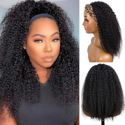 Kinky Curly Headband Wig Human Hair 22 Inch Headband Wigs for Women Human Hair Glueless None Lace Front Curly Wave Wigs Brazilian Virgin Hair Wear and Go Glueless Wig 150% Density Natural Black Color