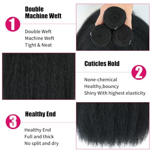 Kinky Straight Bundles Yaki Straight Bundles Human Hair 16 18 20 inch 12A 100% Unprocessed Virgin Full and Thick 3 Bundles, Silky Soft, No Shedding, No Smell, No Tangle