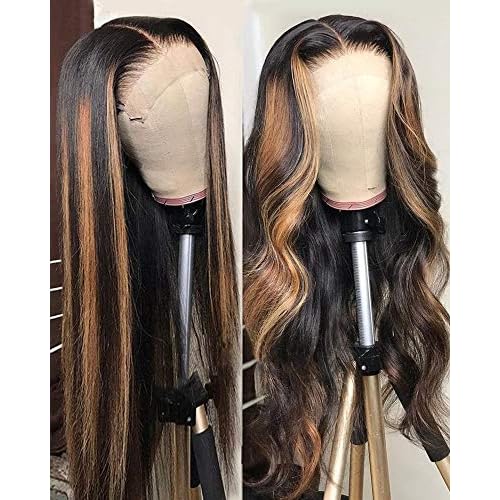Ombre Blonde Human Hair Wig 13x4 HD Transparent Lace Front Black to Brown Blonde Human Hair Highlights 20" for Women Pre Plucked Ombre Honey Blonde Wig with Black Roots Pre Plucked Wigs 150% Density