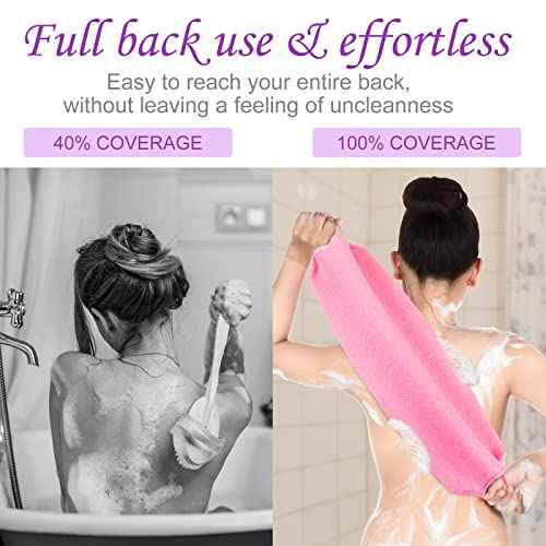 Moukeren Exfoliating Back Scrubber with Handles 4 Pack Nylon Back Exfoliator Extended Length Washers Scrubbers Stretchable Pull Strap Exfoliating Washcloth(Pink,Blue,Fluorescent Green,Purple)
