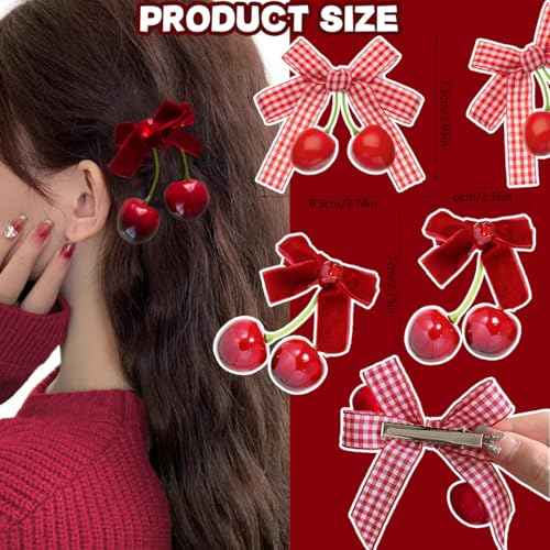 8 Pcs Cherry Bow Hair Clip Sweet Cute Rhinestone Bow Alligator Clips Red White Plaid Hair Barrettes Hair Accessories for Women Girls Christmas Hair Decoration