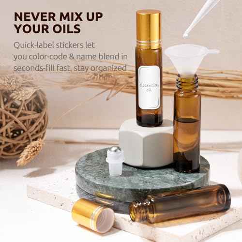 4 Pack, 10 ml Roller Bottles for Essential Oils, Leak-Proof Glass Roller Ball Applicator, Refillable Roll on Bottles with Opener & Labels for Perfume & DIY Skincare