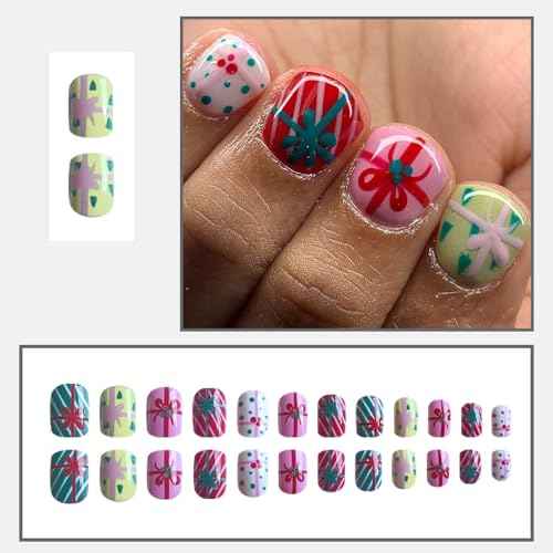 24Pcs Christmas Colorful Press on Nails Short Square Fake Nails YIHONGYAN with Cute Knot Polka Dots Design Glossy False Nails Acrylic Nails Full Cover Glue on Nails Stick on Nails for Women