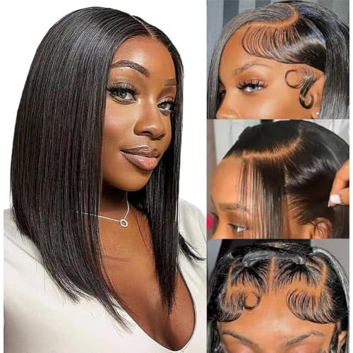 Bob Wig Human Hair 13x4 Frontal Lace Wigs Transparent Lace Short Bob Lace Front Wig Natural Black Pre Plucked Hair Extrenstion with Baby Hair (13X4 NC BOB, 14 INCH)