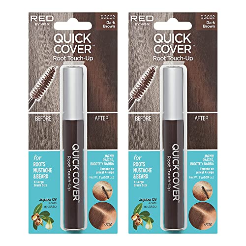 RED by KISS Quick Cover Root Touch Up Rescue (Dark Brown 2 Pack), Mascara Natural Water-Resistant Temporary Gray Concealer Cover Up Brush for Hair Mustache & Beard, Formulated with Jojoba Oil