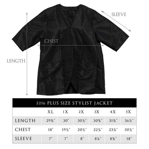 A Size Above Plus Size Salon Stylist Jacket, Cut for Curves, Three-quarter Length Sleeves, Button Down Front, Two Lower Front Pockets, Lightweight, Water Resistant Nylon/Poly, Black, 3X