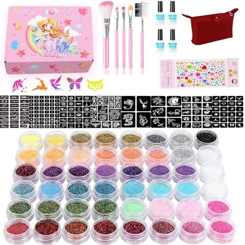 Glitter Tattoos Kit 48 Colors Waterproof Temporary Tattoos with 203 Stencils, 5 Brushes 4 Glue, Body Nail Art, Body Glitter Festival Party (48 Colors)