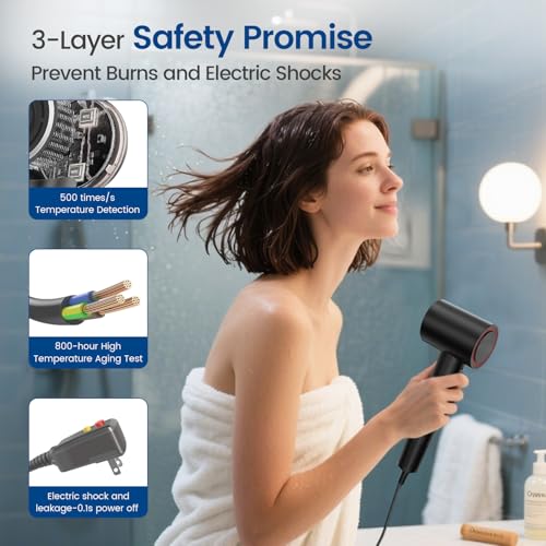 Hair Dryer with 150000 RPM High Speed 1400w Motor for 1-5min Fast Dry, 3 Heat/Cool Wind Level & 49db Low Noise,1.5 Billion Plasma & Industry-Leading Strong Magnetic Nozzle Diffuser Travel Blow Dryer