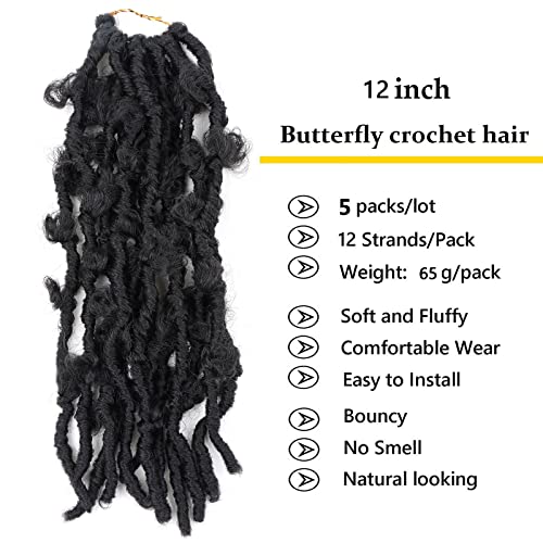6 Packs 12 Inch Butterfly Faux Locs Crochet Hair for Black Women Distressed Faux Locs Pre looped Pre-twisted Braids (12 inch 6 pack, 1b)