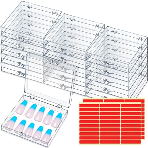 Landhoow 30-Piece Press on Nail Storage Box with 60-Piece Double-Sided Tape Acrylic Nail Display Case Packaging Organizer for Art Home Business Salon(Clear)