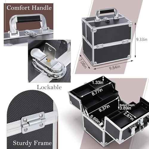 Frenessa Makeup Train Case Cosmetic Organizer Case Professional Makeup Storage Box 4 Trays with Divider Lockable Travel Case Portable Travel Makeup Box for Makeup Artist, Carfter, Cosmetics Black