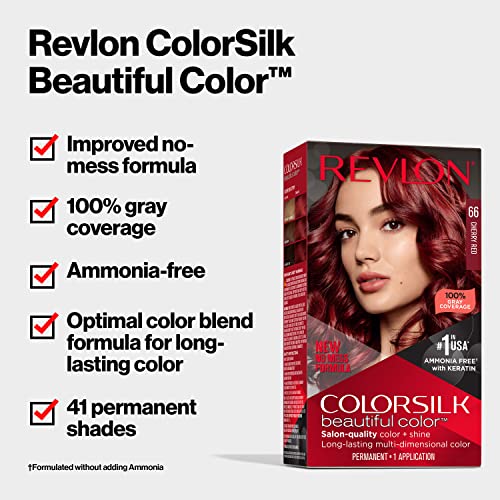 Revlon Colorsilk Beautiful Color Permanent Hair Color, Long-Lasting High-Definition Color, Shine & Silky Softness with 100% Gray Coverage, Ammonia Free, 010 Black, 1 Pack
