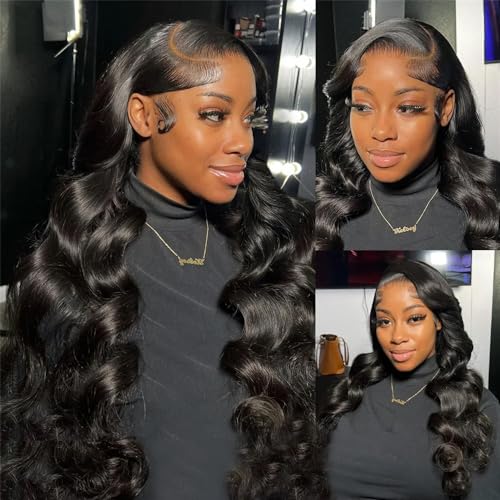 24 Inch Body Wave Lace Front Wigs Human Hair Pre Plucked 200 Density 13x4 HD Lace Frontal Wigs for Women Natural Black