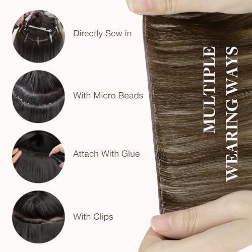 GOO GOO Genius Sew In Remy Weft Hair Extensions, 4/26/4 Balayage Chocolate Brown to Honey Blonde 20inch 60g, Hand Tied