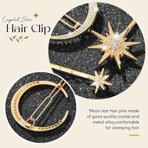 BARTOSI Moon Star Hair Clips Gold Stars Hair pins Crystal Celestial Hair Accessories for Women and Girls (Pack of 3)