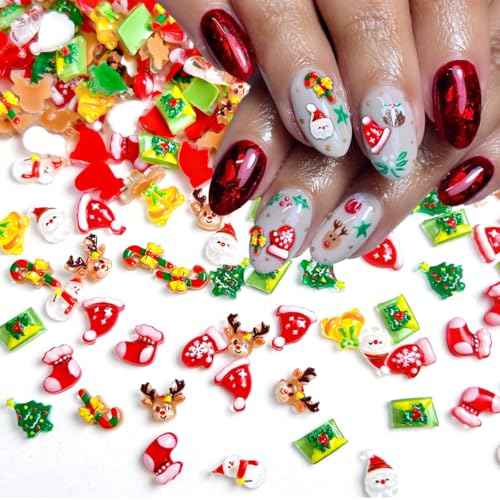 100Pcs Christmas Nail Charms Cute Elk Santa Claus Nail Rhinestones Xmas Tree Bell Gloves Socks Hat Design Winter Nail Art Charms 3D Resin Snowman Nail Gems New Year Nail Jewelry Accessories for Women