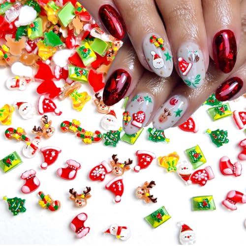 100Pcs Christmas Nail Charms Cute Elk Santa Claus Nail Rhinestones Xmas Tree Bell Gloves Socks Hat Design Winter Nail Art Charms 3D Resin Snowman Nail Gems New Year Nail Jewelry Accessories for Women