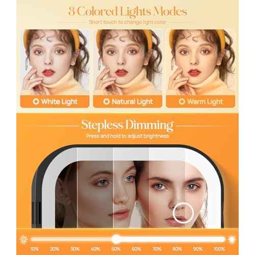 Gospire Lighted Compact Mirror with Light and Magnification 1X/3X, Stepless Dimming and Three-Color Adjustable Lights, Rechargeable Battery and Small Mirror for Purse and Travel - Black