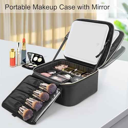 Relavel Travel Makeup Bag With LED Mirror, Cosmetic Train Case with Light up Mirror, Portable Makeup Artist Organizer Bag with Adjustable Dividers, Makeup Brush Holder Storage, Black