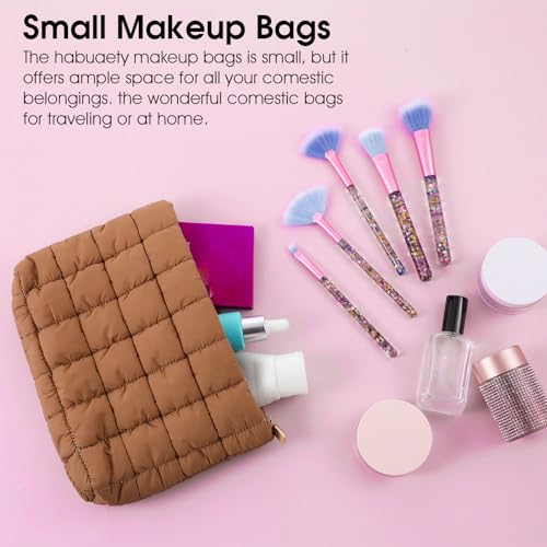 Brown Puffy Makeup Bag, Quilted Makeup Bag Cosmetic Bag Travel Puffer Makeup Pouch Cute Toiletry Zipper Bag cared Makeup Organizer Pouch Storage Clutch for Women(Brown)