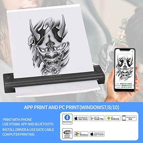 ATS886 Cordless Tattoo Stencil Printer - Rechargeable Inkless Machine - Bluetooth Tattoo Printer with 15pcs Transfer Paper for Temporary and Permanent,Compatible with iOS Phone