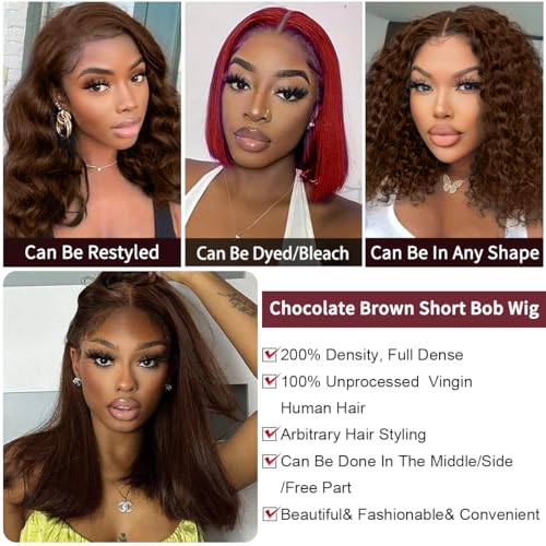 LICHANG 200% Density Chocolate Brown Bob Wigs Human Hair Front Wigs Human Hair 13x4 Straight Short Bob Wigs For Women Side Part Bob Wig Transparent Lace Wigs Baby Hair Natural Hairline