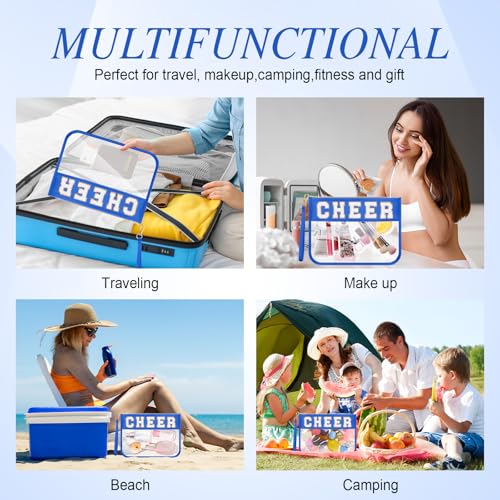 Kacctyen 20 Pcs Chenille Letter Cheer Bags Cheerleader Clear Makeup Bags Snacks Pouch Bulk Preppy Patch Cosmetic Pouch with Wrist Strap Zipper for Travel Team Cheerleaders (Blue)