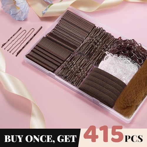 415pcs Bobby Pins Hair Pins Set, IKOCO 200pcs U Shaped Pins & Elastic Hair Ties for Women with Hair Net, Brown