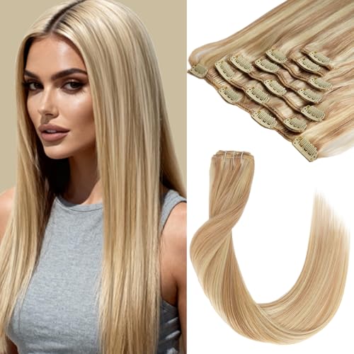 Clip in Hair Extensions Real Human Hair 14 Inch 80g 7Pcs Remy Extensions Double Weft Straight Hair Extensions for Add Volume (14in, 80g, #16/22)