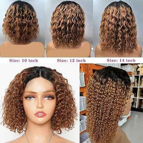 Rolisy 1B/30 Ombre Brown Bob Wig Human Hair 4x4 HD Lace Closure Wig 180% Density Glueless Water Wave Human Hair Bob Wig 12 Inch Short Curly Lace Frontal Wigs For Black Women