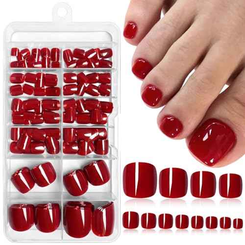 LoveOurHome 240pc Red Press on Toenails Women Fake Toe Nails with Glue Tabs, Dark Red Fake Toenails Press on Toes Nail Glue on Toenail Acrylic Toe Nail Tips Gel Artificial False Stick Toenail Tip