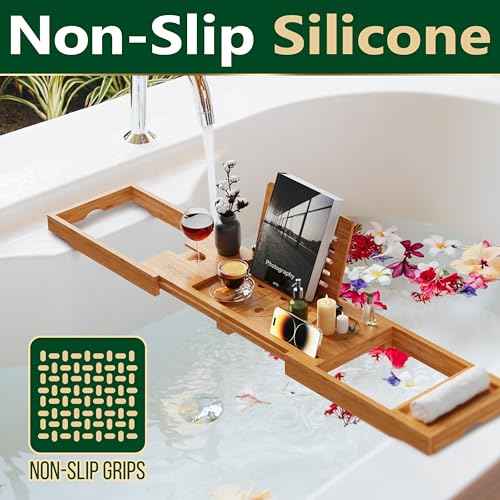 SereneLife Bamboo Bath Caddy with Fold and Lock Design - 30¡± to 43¡± Expandable Bathtub Tray, Easy Storage Folding Hinges