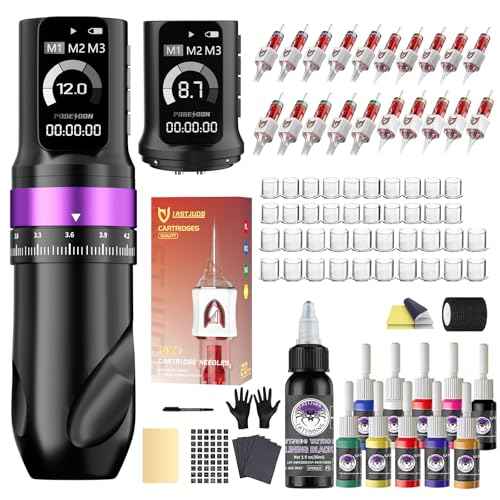 Tattoo Gun Kit Complete Tattoo Machine Kit 7 Strokes Length with 2 Batteries 2300mAh Power Supply 11pcs Tattoo Inks 20 Pcs Tattoo Cartridge Needles for Artist and Beginner