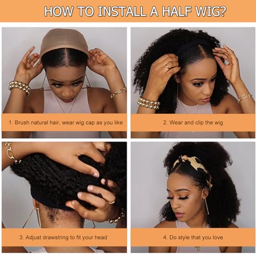 Half Wig Human Hair Curly 20 Inch 200 Density Glueless Jerry Curly Human Hair Half Wigs For Black Women 3 In 1 Seamless Flip Over Wear Go Beginner Friendly Curly Wig Natural Color