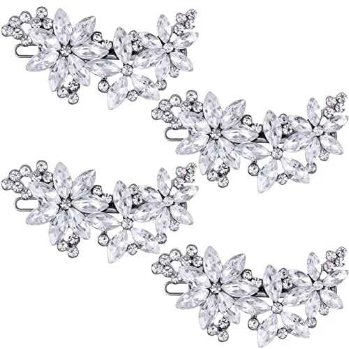 PAGOW Crystal Flower Bridal Hair Clips, 4Pcs Silver, Elegant Hair Accessories for Women, Girls, Brides, Wedding, Party