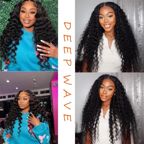 Deep Wave Bundles Human Hair 3 Bundles 12A Brazilian Virgin Human Hair Deep Curly Wave Extensions 100% Unprocessed Human Hair Weave Bundles Natural Black Color 14-18 Inch